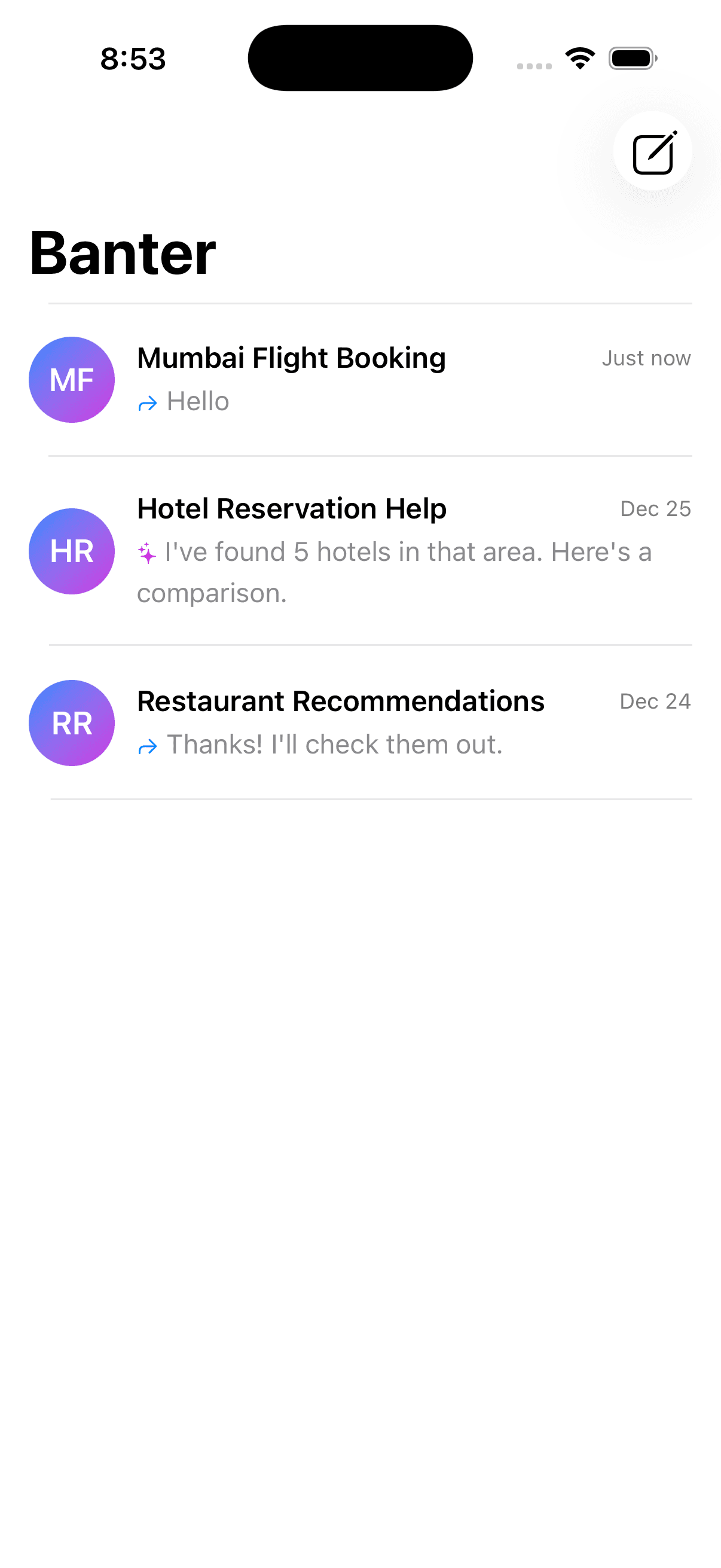 Banter chat list showing AI conversation threads