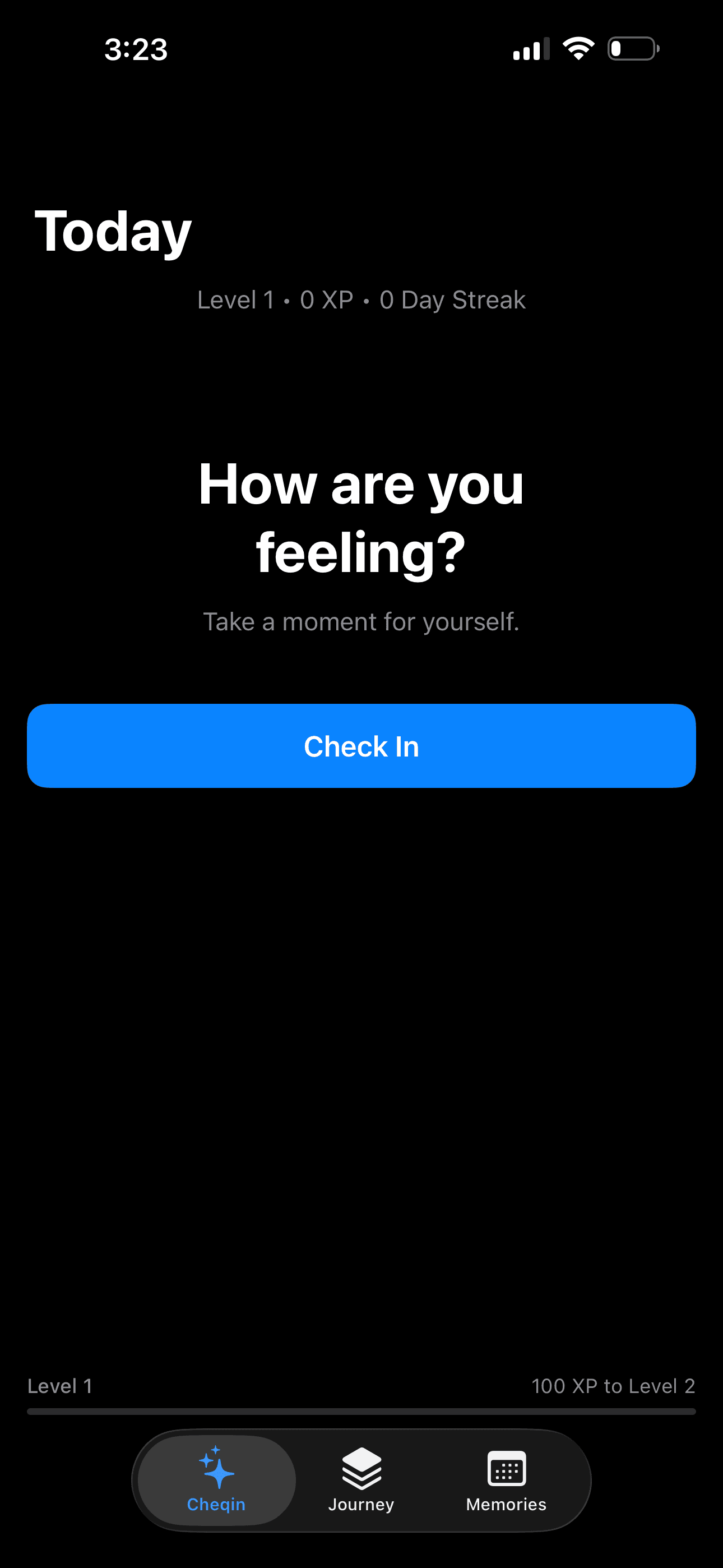 Cheqin home screen with Check In button and daily streak